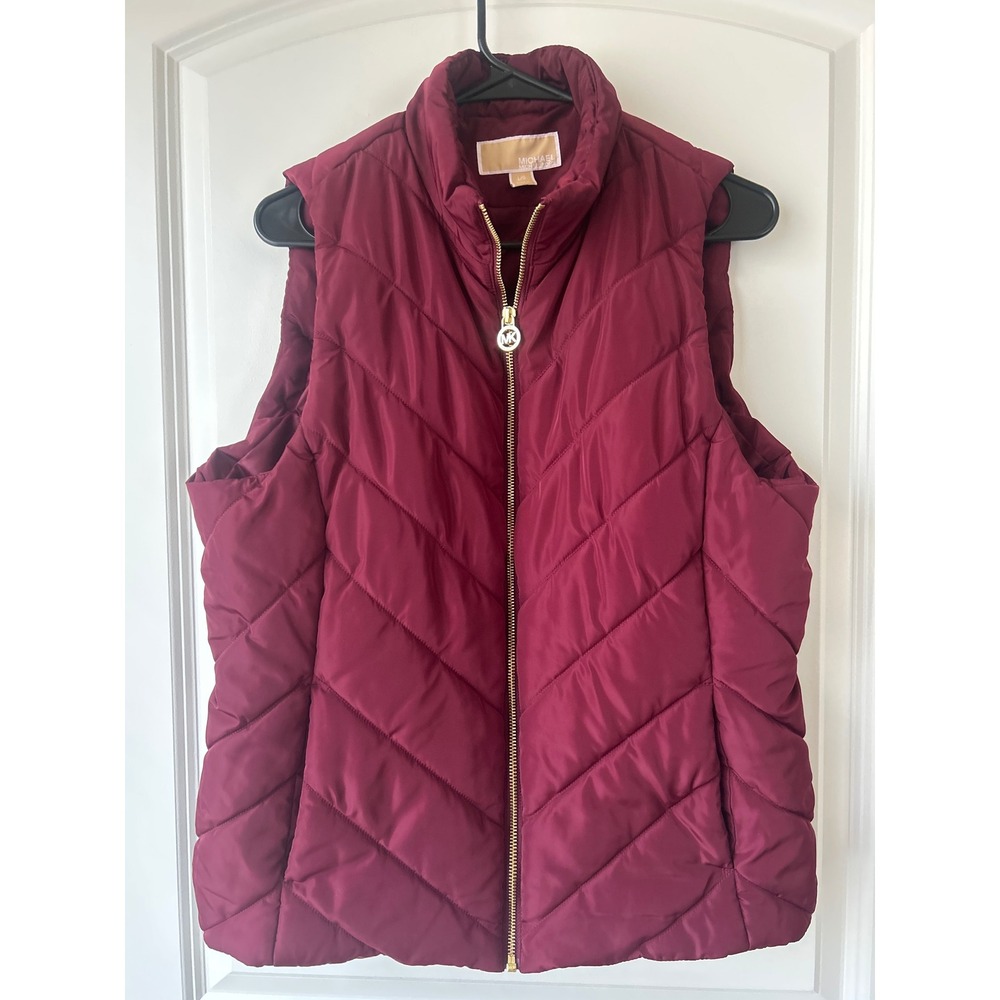 Michael Michael Kors Burgundy Chevron Puffer Vest Gold Logo Zip Wine Large